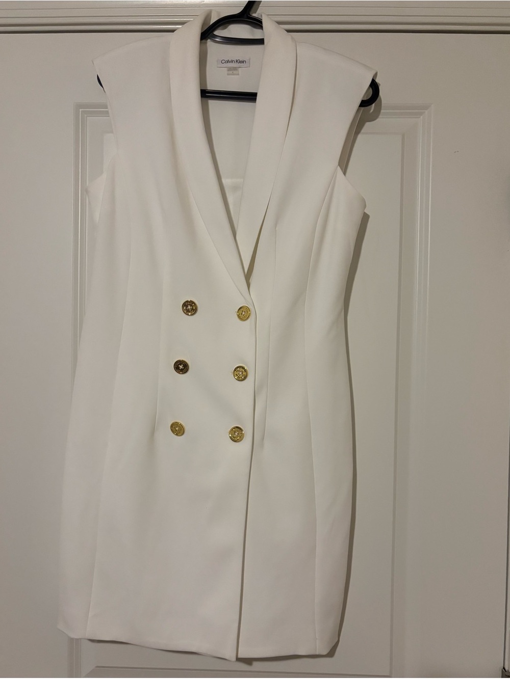 Calvin Klein White Sleeveless Blazer Dress with Gold Accents